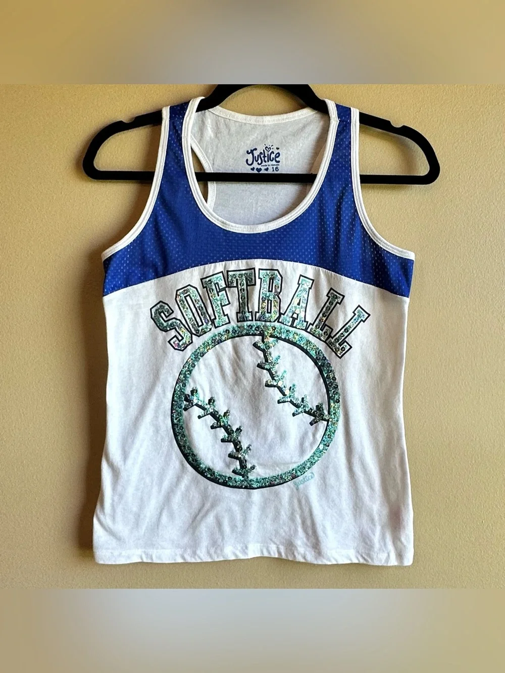 Justice Girls Tank Top Softball Blue White Glitter Aqua Sequins 2012 Size 16